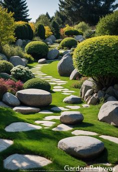 a garden with rocks, grass and trees