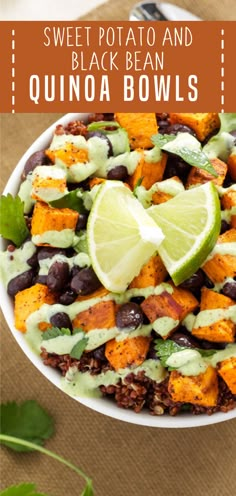 sweet potato and black bean quinoa bowls with avocado on the side