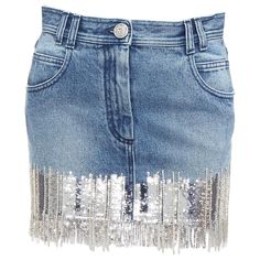 BALMAIN washed blue denim silver crystal sequins fringe mini skirt FR34 XS Reference: AAWC/A00850 Brand: Balmain Designer: Olivier Rousteing Material: Denim Color: Blue, Silver Pattern: Solid Closure: Zip Fly Made in: Italy CONDITION: Condition: Excellent, this item was pre-owned and is in excellent condition. This piece appears to be unworn and is in great condition. Comes with: Style code present (Generic) SIZING Designer size: FR34 Size reference: US0 / UK6 / IT38 / FR34 / XXS-XS MEASUREMENTS: Waist: 36cm / 14" Hip: 41cm / 16" Length: 36cm / 14" This Balmain item is authentic. Luxury Denim Skirt With Frayed Hem, Luxury Chic Denim Mini Skirt, Distressed Denim Blue Mini Skirt, Luxury Denim Blue Mini Skirt, Balmain Denim, Balmain Designer, Chic Leather, Colored Denim, A Line Skirts