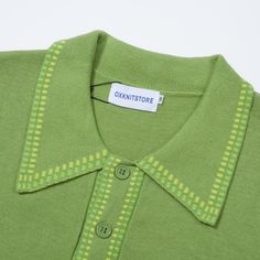 - Knitted Polo- 100% cotton yarn- Unlined- Regular fit- Machine washable Fabric & Care- Delicate Machine Wash at 30 degrees(86℉) with similar colors.- Iron inside out on low temperature.- Store flat.- Do not tumble dry.- Do not bleach. Green Cotton Sweater With Ribbed Collar, Green Textured Knit Cotton Tops, Fitted Collared Cotton Sweater, Retro Green Cotton Sweater, Green Cotton Knitted Tops, Green Knitted Cotton Tops, Retro Collared Cotton Sweater, Retro Cotton Collared Sweater, Seventies Fashion