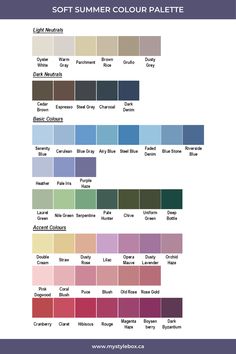 Cool Summer Pallete Colors, Summer Skin Palette, Summer Skin Tone Palette, Summer Personal Color Palette, Summer Clothing Palette, Soft Summer Colour Palette Fashion, Soft And Cool Color Palette, Nail Color For Soft Summer, Light Summer Colors Palette