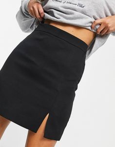 New Look split front mini skirt in black | ASOS Fitted Mini Skirt With Split Design, Fitted High Waist Mini Skirt With Split Design, Spring Split Hem Skirt For Night Out, Split Hem Skirt For Spring Night Out, Spring Night Out Skirt With Split Hem, Chic Fitted Mini Skirt With Split Design, Fitted Trendy Skirt With Split Hem, Trendy Fitted Skirt With Split Hem, Stretch Skirt With Split Hem And Design