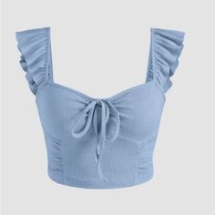 Cider | Blue Solid Ruffle Knotted Rib Crop Tank Top | New With Tags | Size L Rib Tank Top, Frill Tops, Crop Tank Top, Cami Crop Top, Ribbed Tank Tops, Outfits Aesthetic, Cropped Tank Top, Cute Tops