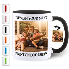 a coffee mug with the words design your mug printed on both sides and an image of two people sitting next to each other