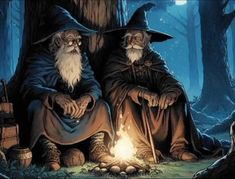 two wizard's sitting next to a campfire in the dark forest at night