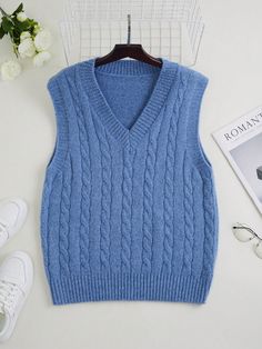 Plus Size Women V-Neck Ribbed Cable Knit Tank Sweater Vest, Fall/Winter Blue Casual   Knitwear Plain  High Stretch  Women Plus Clothing, size features are:Bust: ,Length: ,Sleeve Length: Blue Knit Sweater Vest For Fall, Winter Cable Knit Sweater Vest, Knit Sweater Vest For Winter, Solid Knit Sweater Vest For Winter, Casual Soft Knit Sweater Vest For Winter, Blue V-neck Sweater Vest For Winter, Blue Ribbed Outerwear For Winter, Winter Blue Ribbed Outerwear, V-neck Sweater Vest For Winter