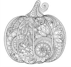 a black and white coloring page with a pumpkin on the top, surrounded by paisley designs