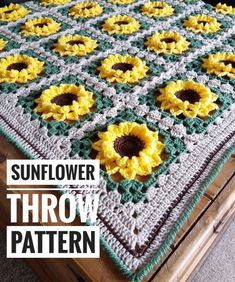 a crocheted blanket with sunflowers on it and the words sunflower throw pattern