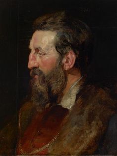 a painting of a man with a beard wearing a brown coat and white shirt, looking off to the side