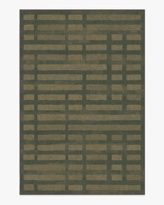 an area rug with squares and lines on the floor in dark olive green, beige and brown colors