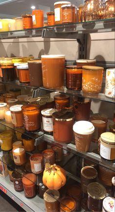 shelves filled with different types of jars and sauces