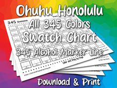 three sheets of white paper with the text, ohuhu hoholuu all - 35 colors swatch chart