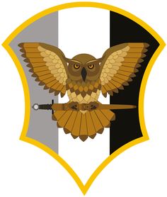 an owl flying with its wings spread in front of a shield