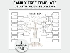 the family tree template is shown with 5 generations and four branches on each side, which are