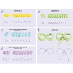 the instructions for how to make hair bows in different colors and sizes, including yellow, green