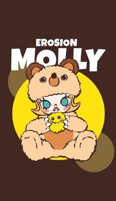 a brown teddy bear sitting on top of a yellow and black background with the words erson moly