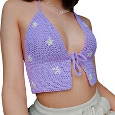 Never Worn A Bit See Through Says Size S But Will Fit M If You Need Measurements Or Any Questions Pls Lmk Tags: Summer Vacation Party Beach Cute Stylish Trendy Festival Concert Outdoor Everyday Purple Fairy Core Flower Tie, Crochet Crop Top Pattern, Crop Top Pattern, Confection Au Crochet, Mode Crochet, Crochet Simple, Crochet Fashion Patterns, Tie Wrap, Crochet Diy