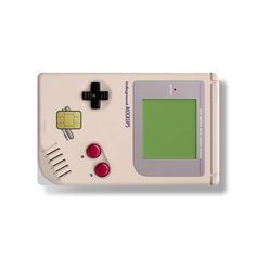 an old style gameboy with a green screen and two red buttons on the front