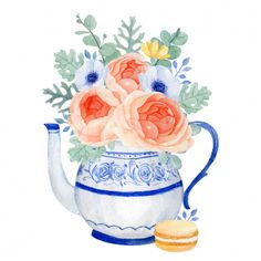 a watercolor painting of flowers in a teapot with a biscuit on the side