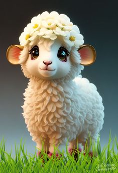 a white sheep with flowers on its head is standing in front of a gray background