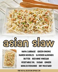 Asian Slaw is a delicious coleslaw that is crunchy, nutty, and loaded with flavor. Get the easy recipe and find out how to make the best Asian slaw with ramen noodles, napa cabbage, and slivered almonds. A simple homemade sweet and tangy dressing makes this slaw so tasty. Perfect for potlucks. #asianslaw #coleslaw #potluckrecipe #sidedishideas Easy Asian Dressing, Simple Asian Slaw Recipe, Asian Slaw With Ramen Noodles, Noodle Express Asian Slaw Recipe, Ramen Noodle Slaw, Asian Cole Slaw Recipe Ramen, Ramen Coleslaw Salad Asian Slaw, Crunchy Cole Slaw With Ramen Noodles, Asian Slaw Recipe