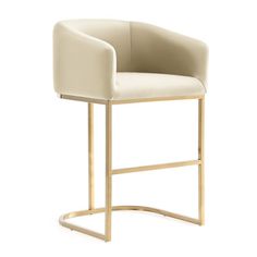 an image of a modern bar stool with gold frame and beige upholstered seat