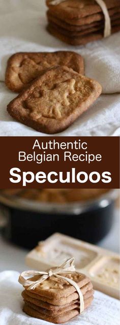 cookies are stacked on top of each other with the words authentic belgium recipe speciuos