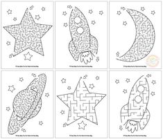 four coloring pages with stars and a rocket