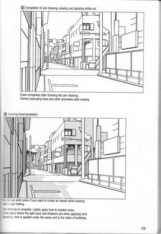 two drawings of an urban street with buildings in the background