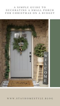 a front door decorated with christmas wreaths and greenery