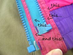 the zippers are labeled in different colors and sizes, including pink, purple, and blue