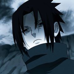 an anime character with black hair stares into the distance while standing in front of dark clouds