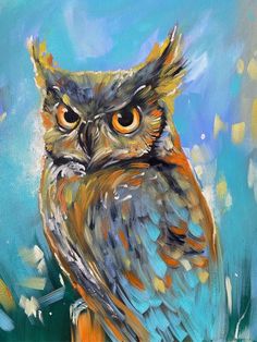 an oil painting of an owl sitting on a branch