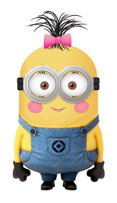 a cartoon minion with glasses and a pink bow on its head, standing in front of a white background