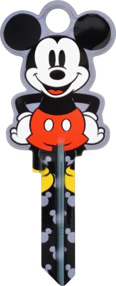 a mickey mouse magnet with a pen sticking out of it's back end,