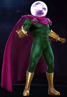 an animated image of a man dressed in green and gold with a purple cape on