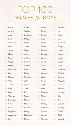 the top 100 names for boys on a white sheet with gold lettering and black letters