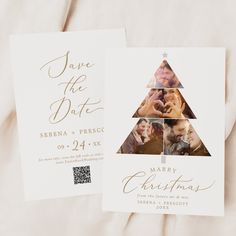 two wedding cards with the same photo on them, one has a christmas tree in it