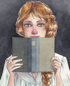 a drawing of a woman holding a binder over her face