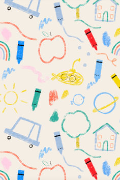 a child's drawing on a white background with different colored objects and lines in the shape of houses