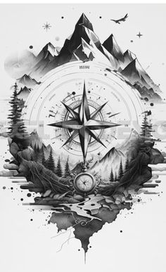 a black and white drawing of a compass in the middle of mountains with pine trees