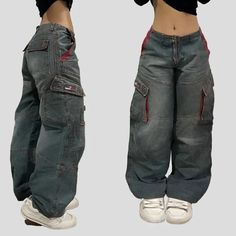 High Waisted Baggy Jeans - Multi-pocketDiscover the ultimate in style and comfort with our High Waisted Baggy Jeans. These jeans are crafted from a blend of cotton and polyester. offering a slight stretch for flexibility and a softener fabric for added comfort. Designed with a high waist and a full-length cut. these baggy jeans showcase a streetwear style with multi-pocket detailing. The vintage washed effect and distressed finish enhance the look of these high waisted jeans. making them perfect Streetwear Jeans Women, Baggy Shirts Y2k, Pants With Words On The Back, Teen Baggy Outfits, Baggy Clothes Streetwear, Baggy Baggy Jeans, Outfits With Dickies, Baggy Jeans With Design, Baggy Jeans Design