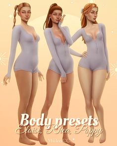 three women in bodysuits standing next to each other with their hands on their hips