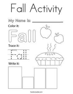 the fall activity worksheet for kids to practice their handwriting and writing skills, including an apple pie