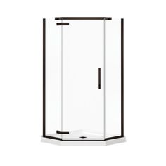 an image of a shower stall with glass door and black trim on the bottom half