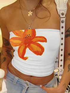 White Casual Collar Sleeveless Fabric Colorblock,Floral,Graphic,Plants  Embellished Slight Stretch  Women Clothing Summer Tube Top Outfit, Sleeveless Top Outfit, Summer Tube Top, Cute Tube Tops, Boho Festival Outfit, Tube Top Outfits, Town Outfits, Cute Beach Outfits, Crop Tube Top