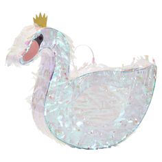 a white swan with a gold crown on its head is standing in front of a white background