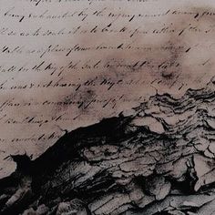 an ink drawing of a mountain with writing on it's side and mountains in the background