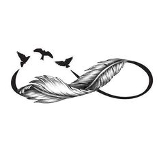 a drawing of a feather with birds flying around it