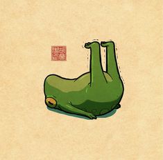 a drawing of a green animal laying on its side with chinese writing in the background